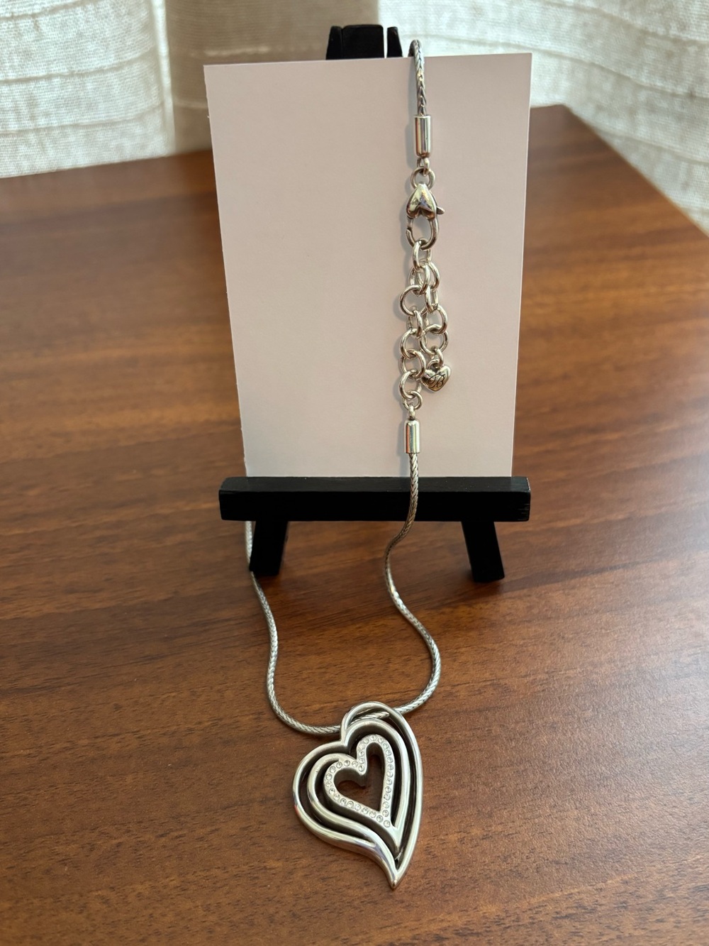 Brighton Silver Heart Slide Pendant Necklace Snake Chain Faux Diamond Stones